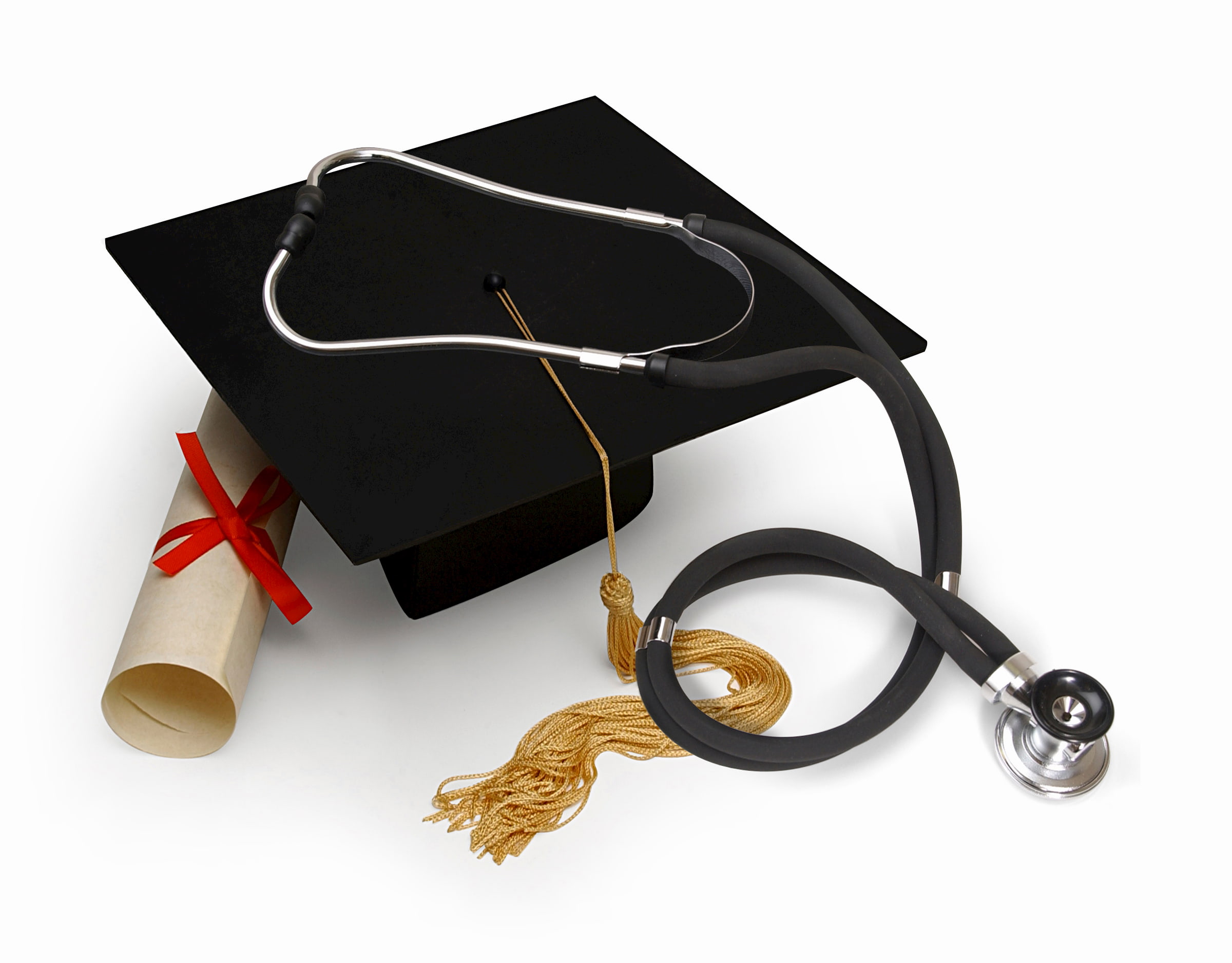An image of a graduation cap, diploma, and stethoscope.